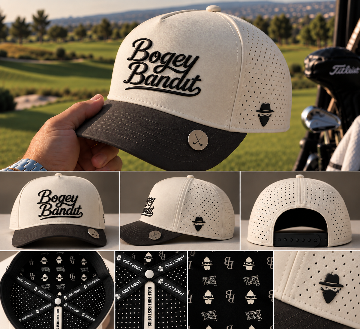 THE HEIST — CREAM / ESPRESSO PERFORMANCE GOLF HAT | BOGEY BANDIT
