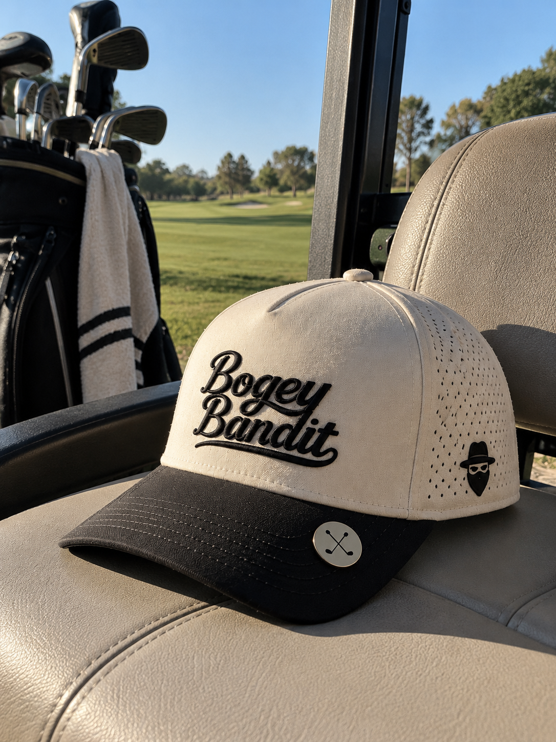 THE HEIST — CREAM / ESPRESSO PERFORMANCE GOLF HAT | BOGEY BANDIT