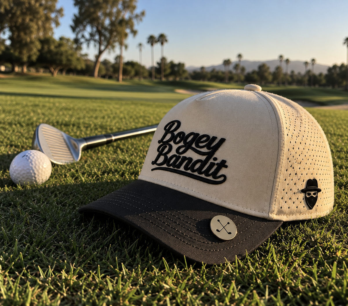 THE HEIST — CREAM / ESPRESSO PERFORMANCE GOLF HAT | BOGEY BANDIT