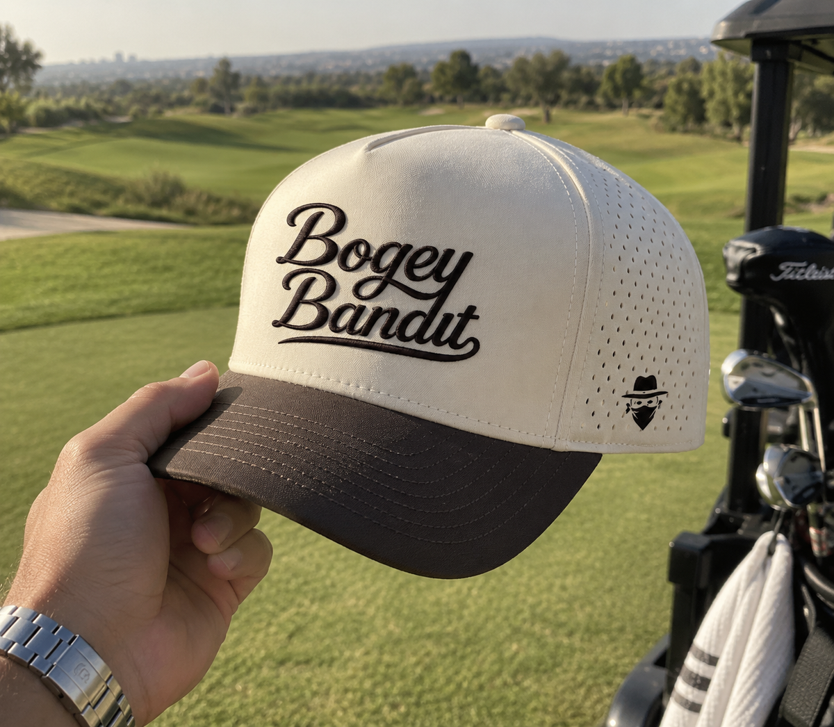 THE HEIST — CREAM / ESPRESSO PERFORMANCE GOLF HAT | BOGEY BANDIT